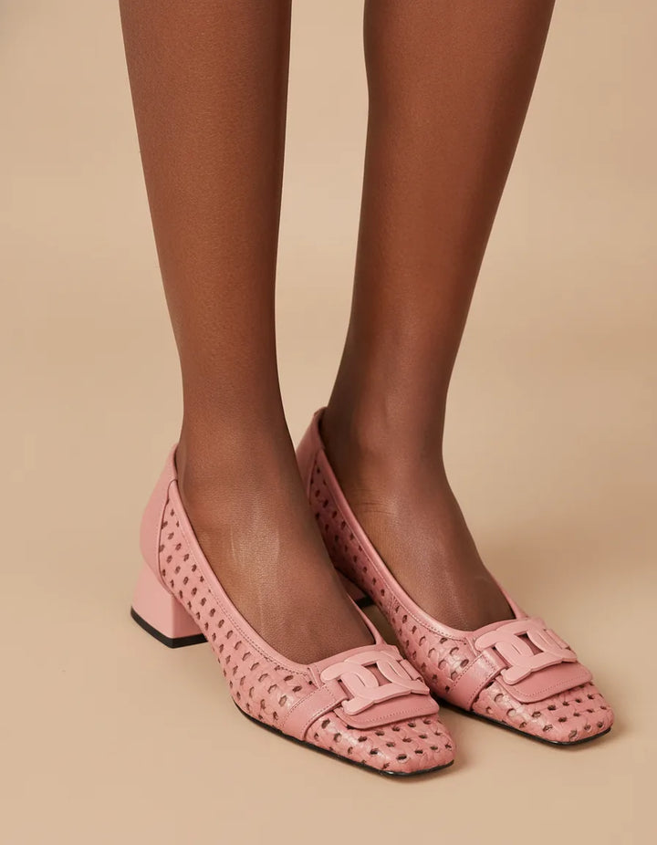 Solea Woven Leather Heels — Blush Rose closeup