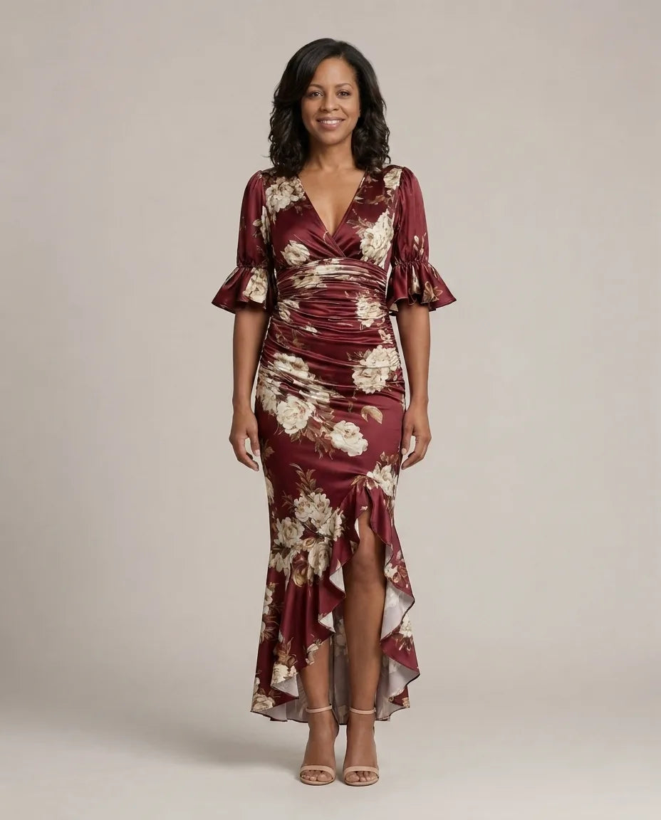 Anastasia | Long Dress with Floral Print — Bordeaux Red