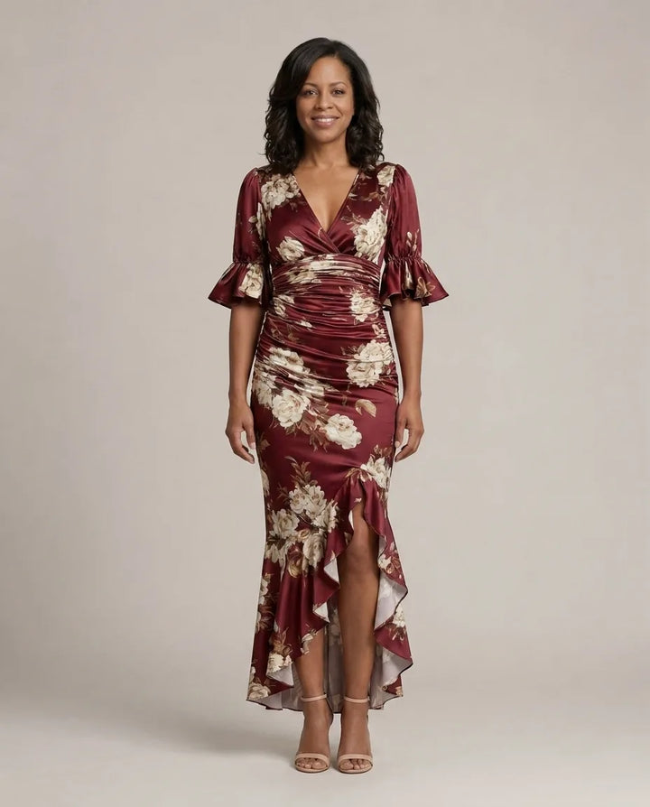 Anastasia | Long Dress with Floral Print — Bordeaux Red