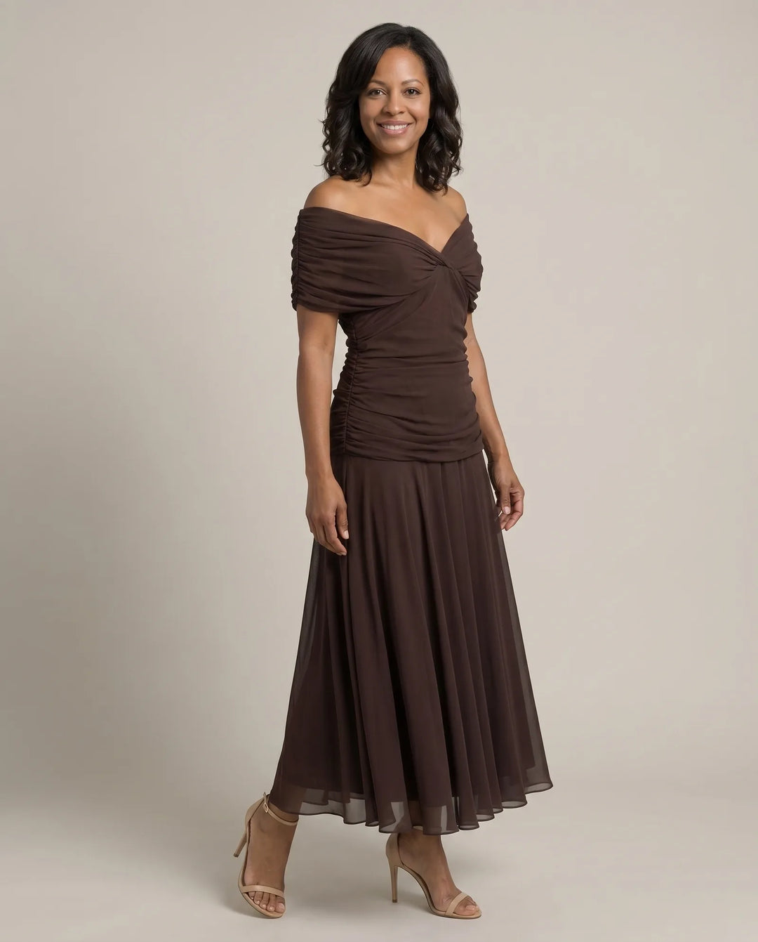 Abigail | Off-Shoulder Ruched Flow Midi Dress — Brown