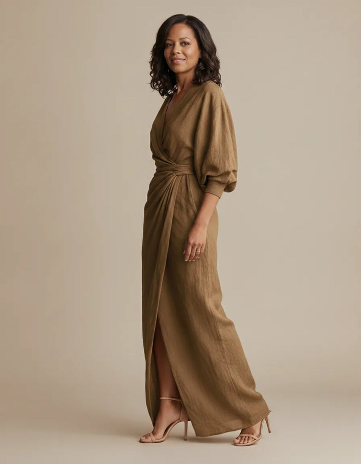 Embrace timeless style and breathable all-day comfort with the Genevieve maxi dress. — Brown