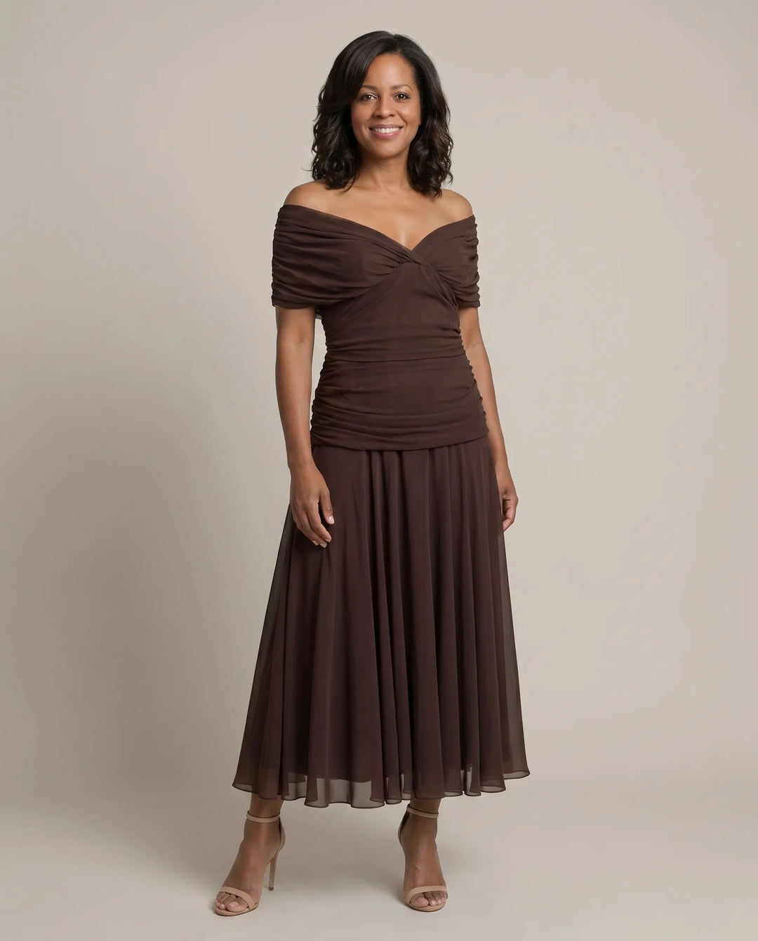 Abigail | Off-Shoulder Ruched Flow Midi Dress — Brown