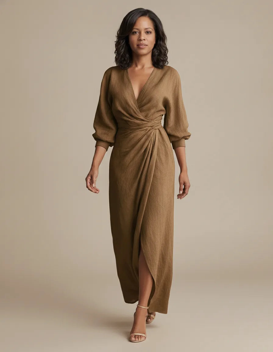 Embrace timeless style and breathable all-day comfort with the Genevieve maxi dress. — Brown