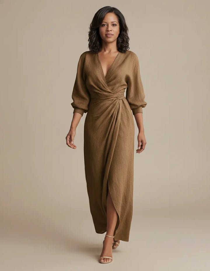 Embrace timeless style and breathable all-day comfort with the Genevieve maxi dress. — Brown