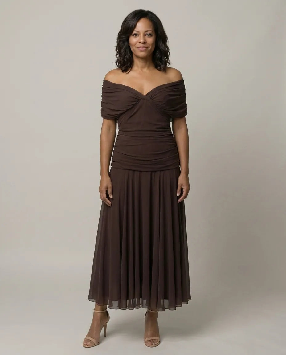 Hannah | Off Shoulder Flow Midi Dress — Brown
