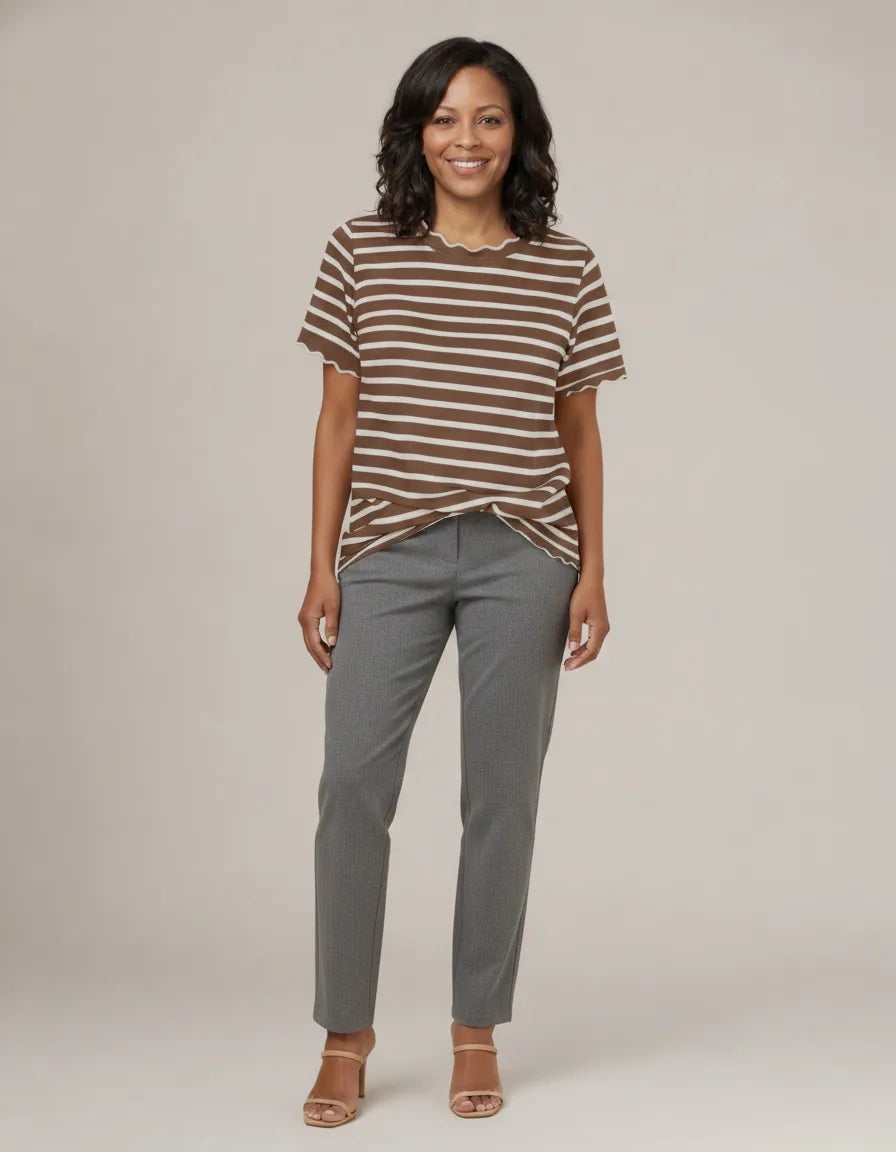 Women's Scalloped Crew Neck Striped T-Shirt — Brown