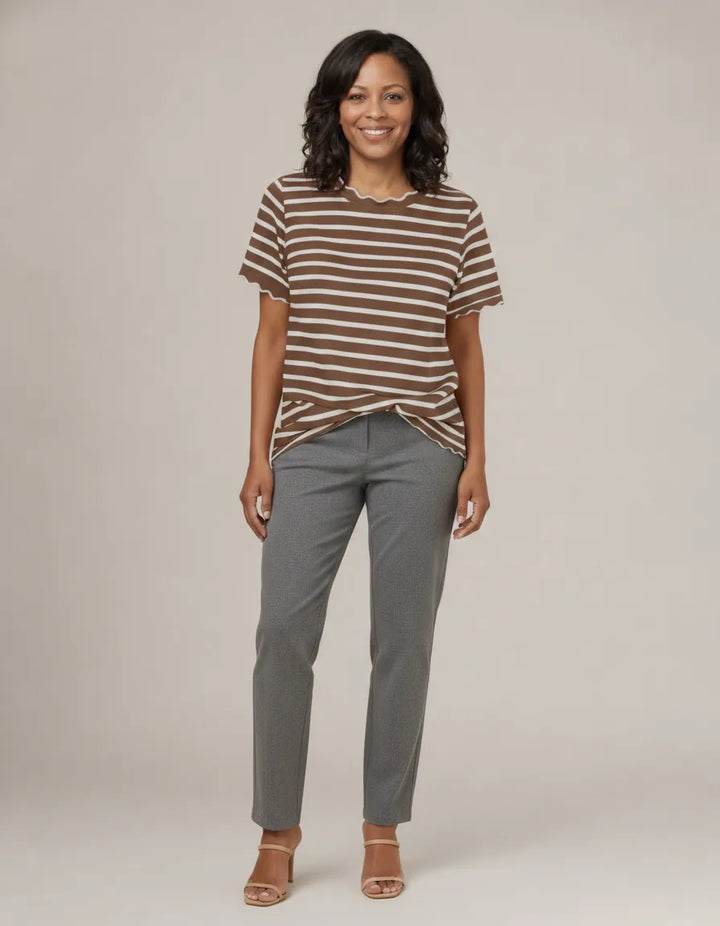 Women's Scalloped Crew Neck Striped T-Shirt — Brown
