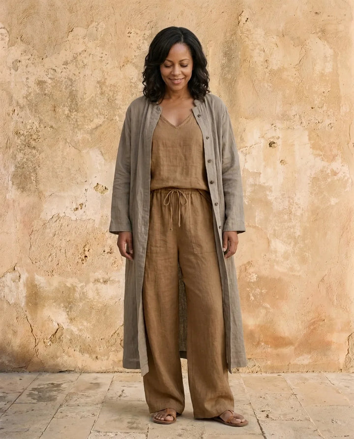 Camille | Relaxed Linen Blend Three-Piece Set — Brown
