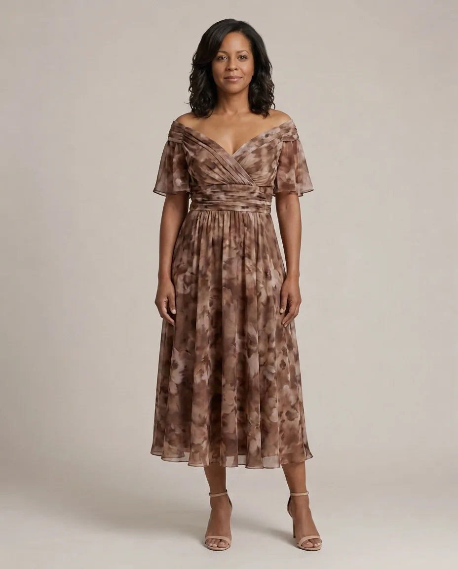 Calen | Off Shoulder Flow Midi Dresses — Brown