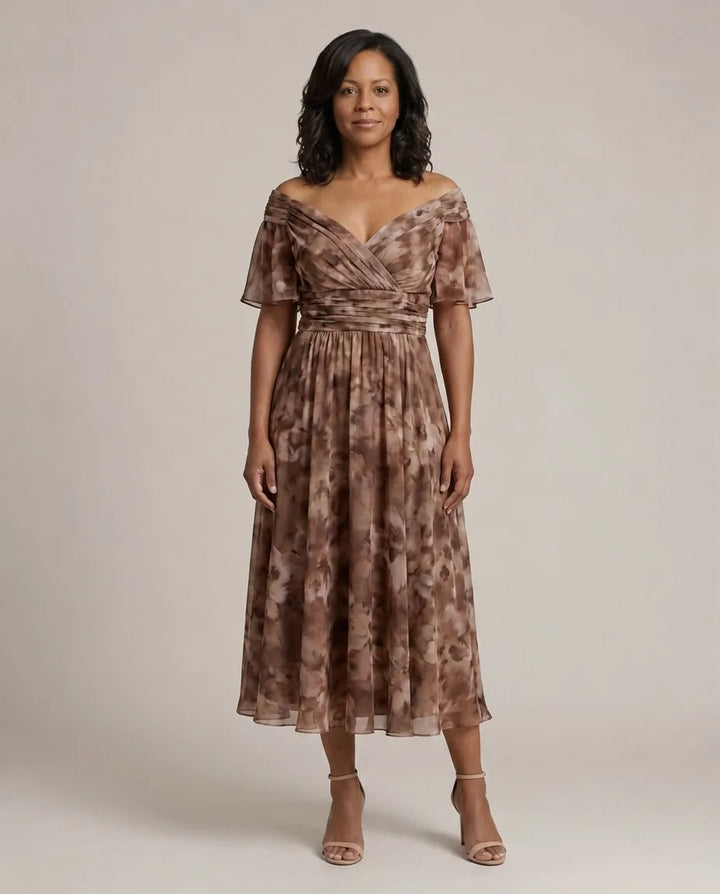 Calen | Off Shoulder Flow Midi Dresses — Brown