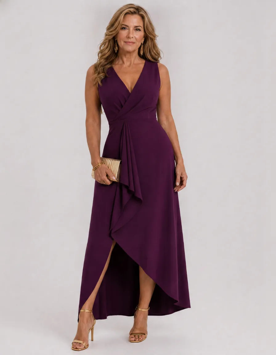 Okla | Sleeveless Wrap High Low Midi Dress — Burgundy