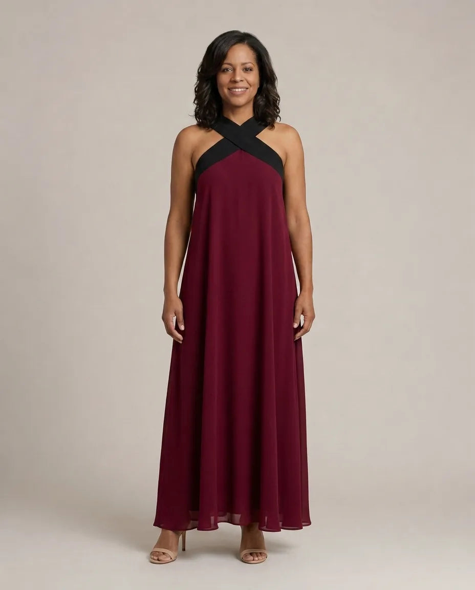 Velora | Cross Elegance Maxi Dress — Burgundy