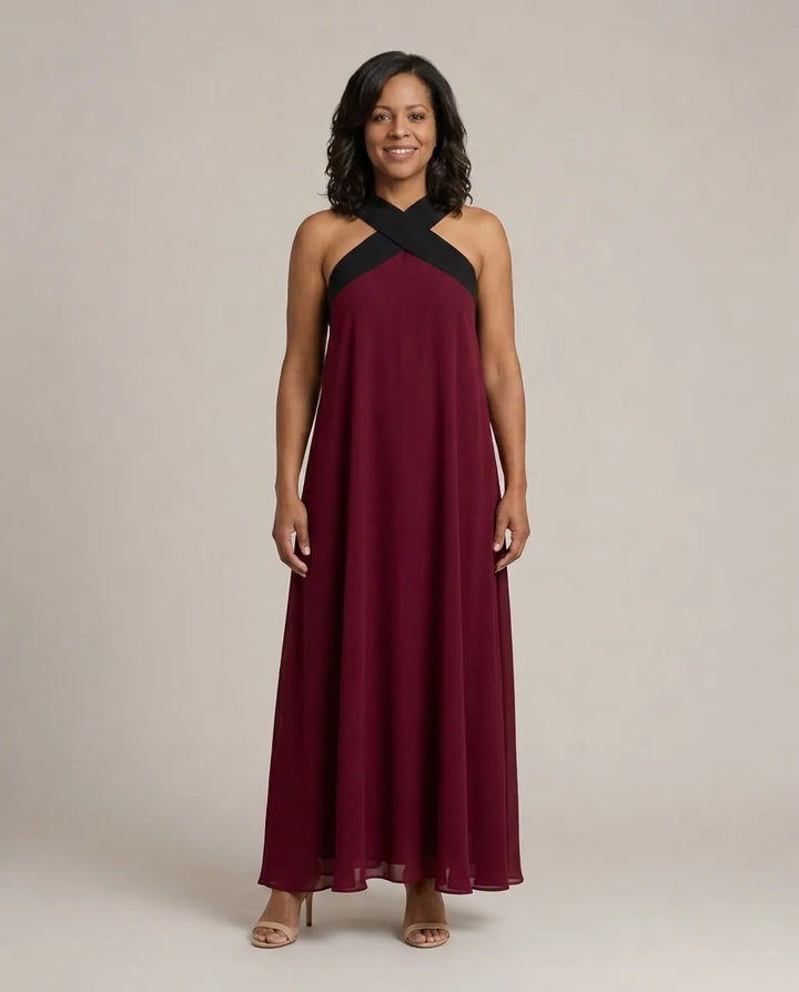 Velora | Cross Elegance Maxi Dress — Burgundy