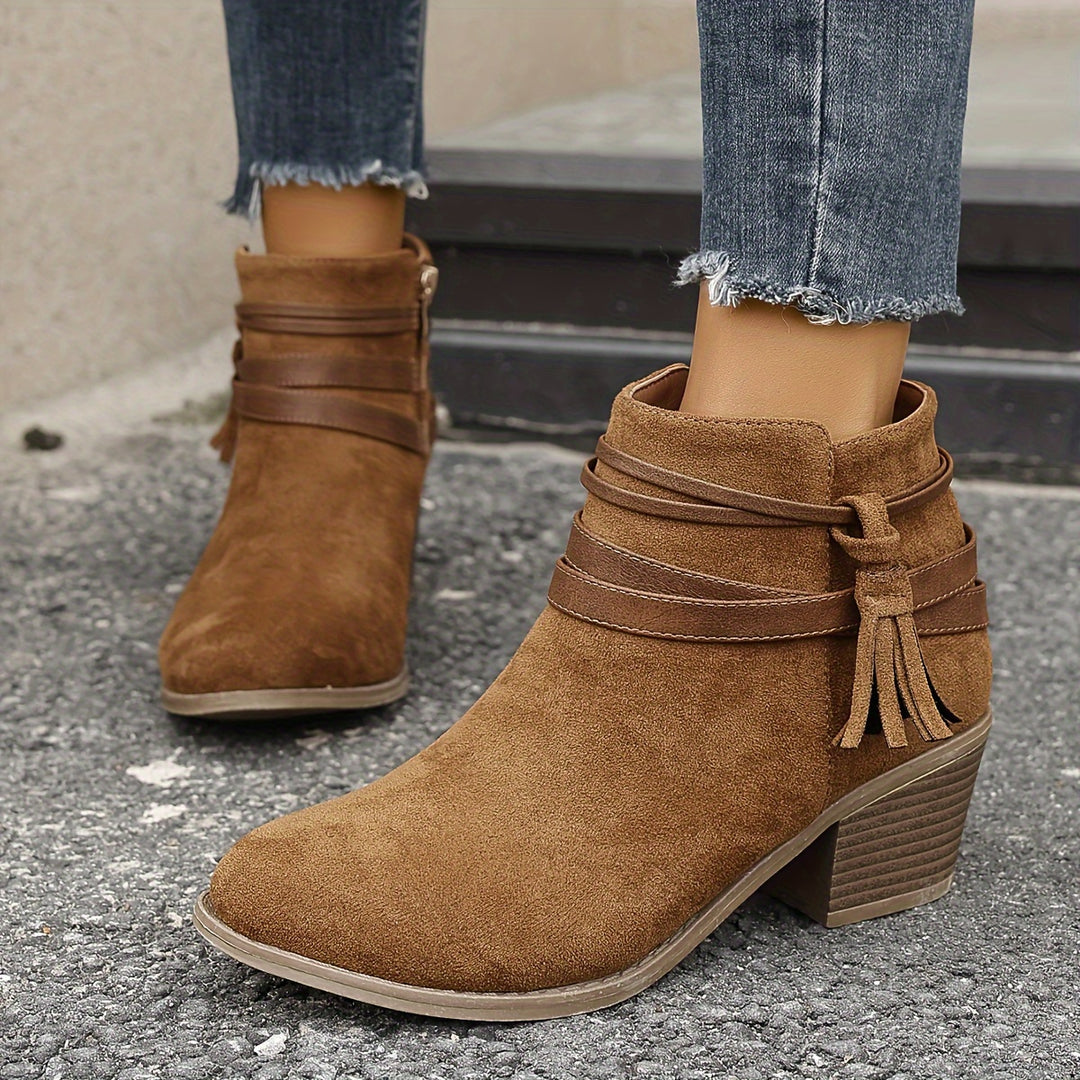 Christelle - Decorative Tassel & Side Zipper Ankle Boots