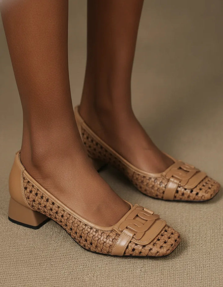 Solea Woven Leather Heels — Caramel Tan closeup