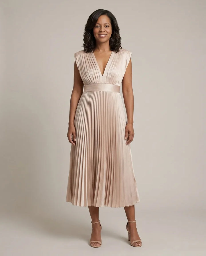 Genevieve | Timeless Pleated Midi Dress — Champagne