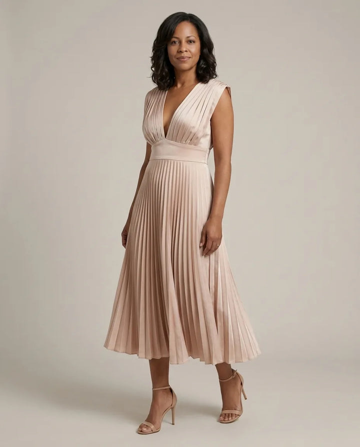 Genevieve | Timeless Pleated Midi Dress — Champagne