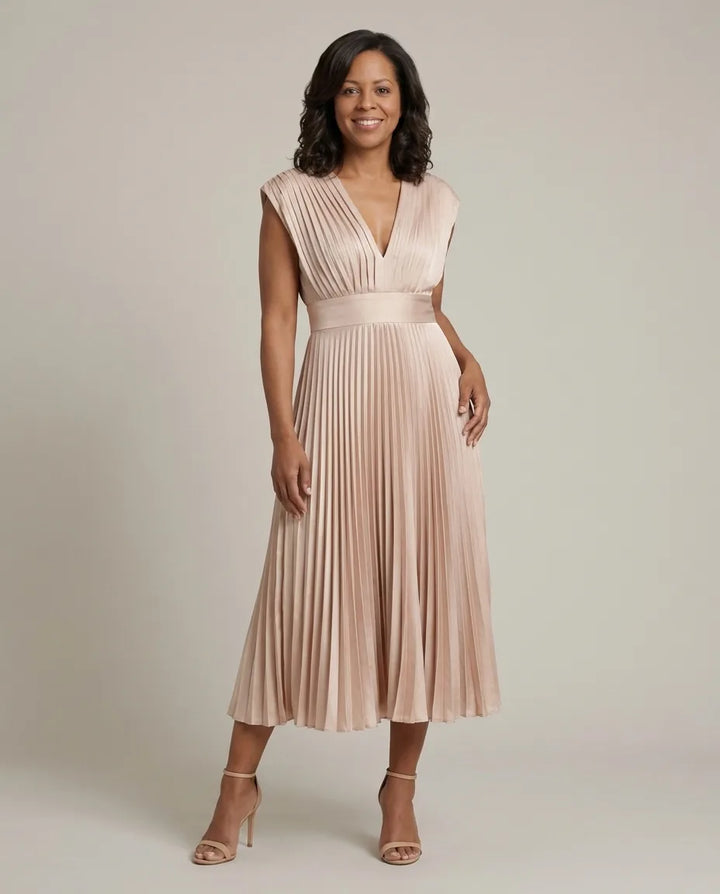 Genevieve | Timeless Pleated Midi Dress — Champagne