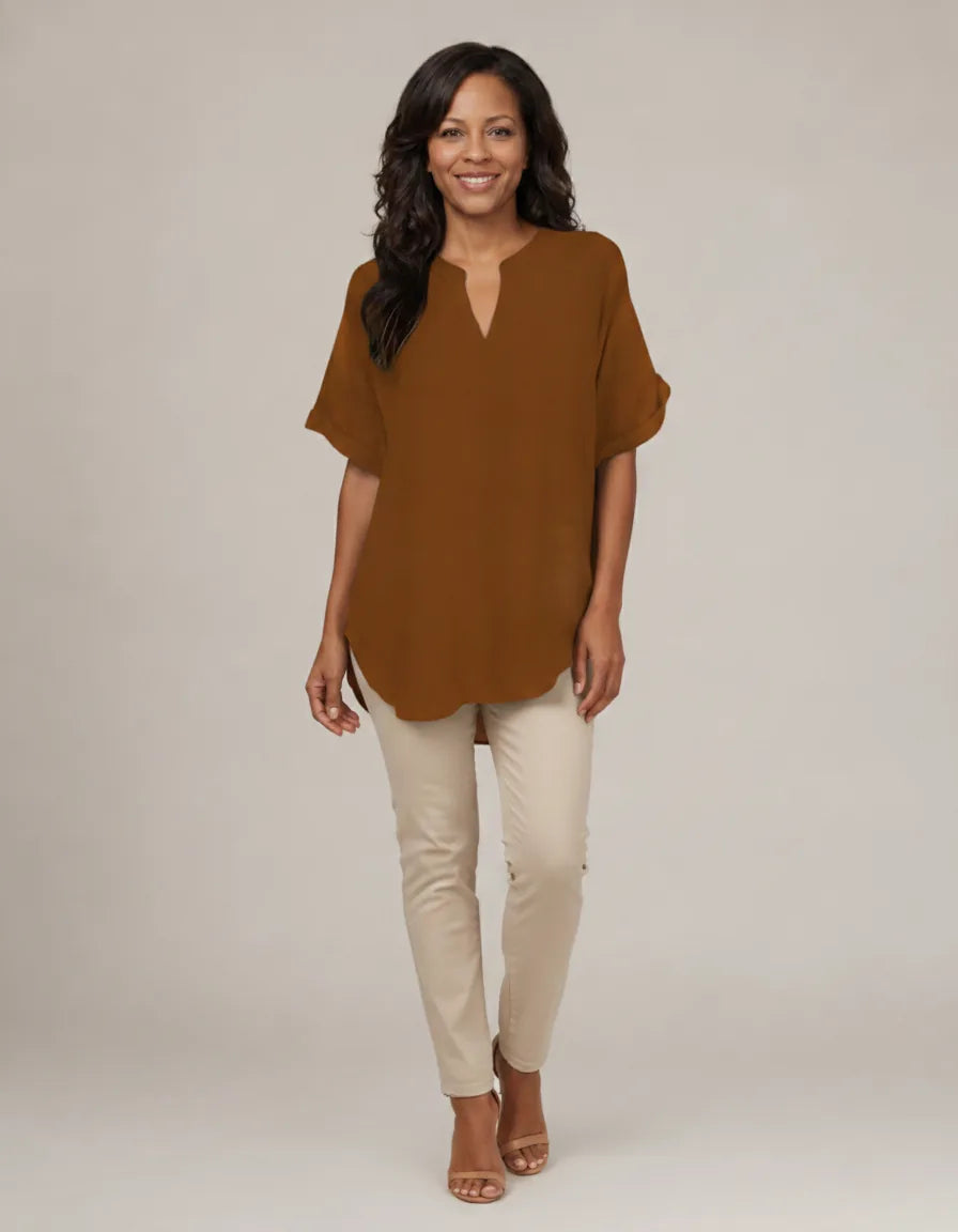 Atasia | Soft-Touch Notched-Neck Blouse — Copper Brown