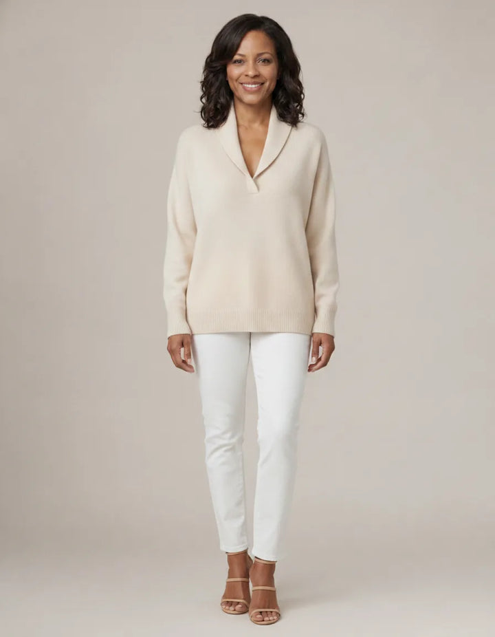 Evelyn | Relaxed V-Neck Knit Jumper — Cream