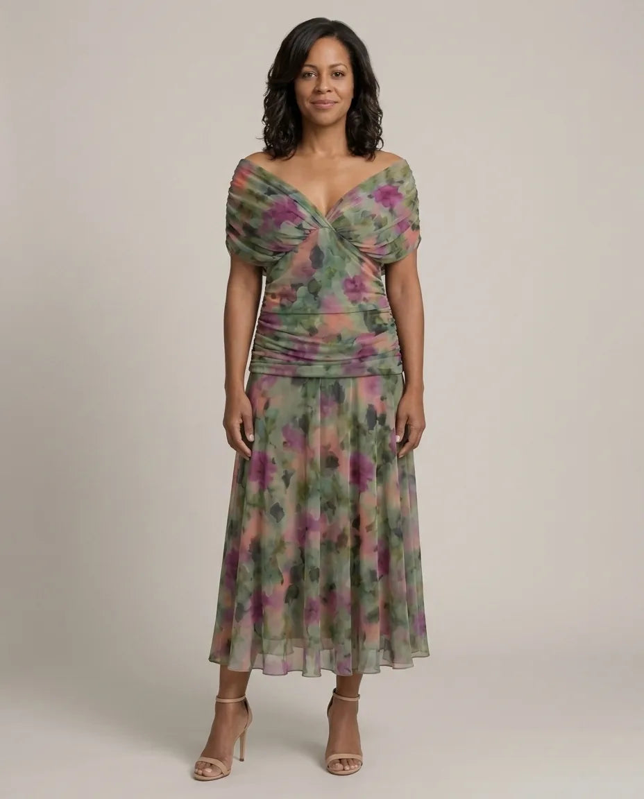 Hannah | Off Shoulder Flow Midi Dress — Dark green