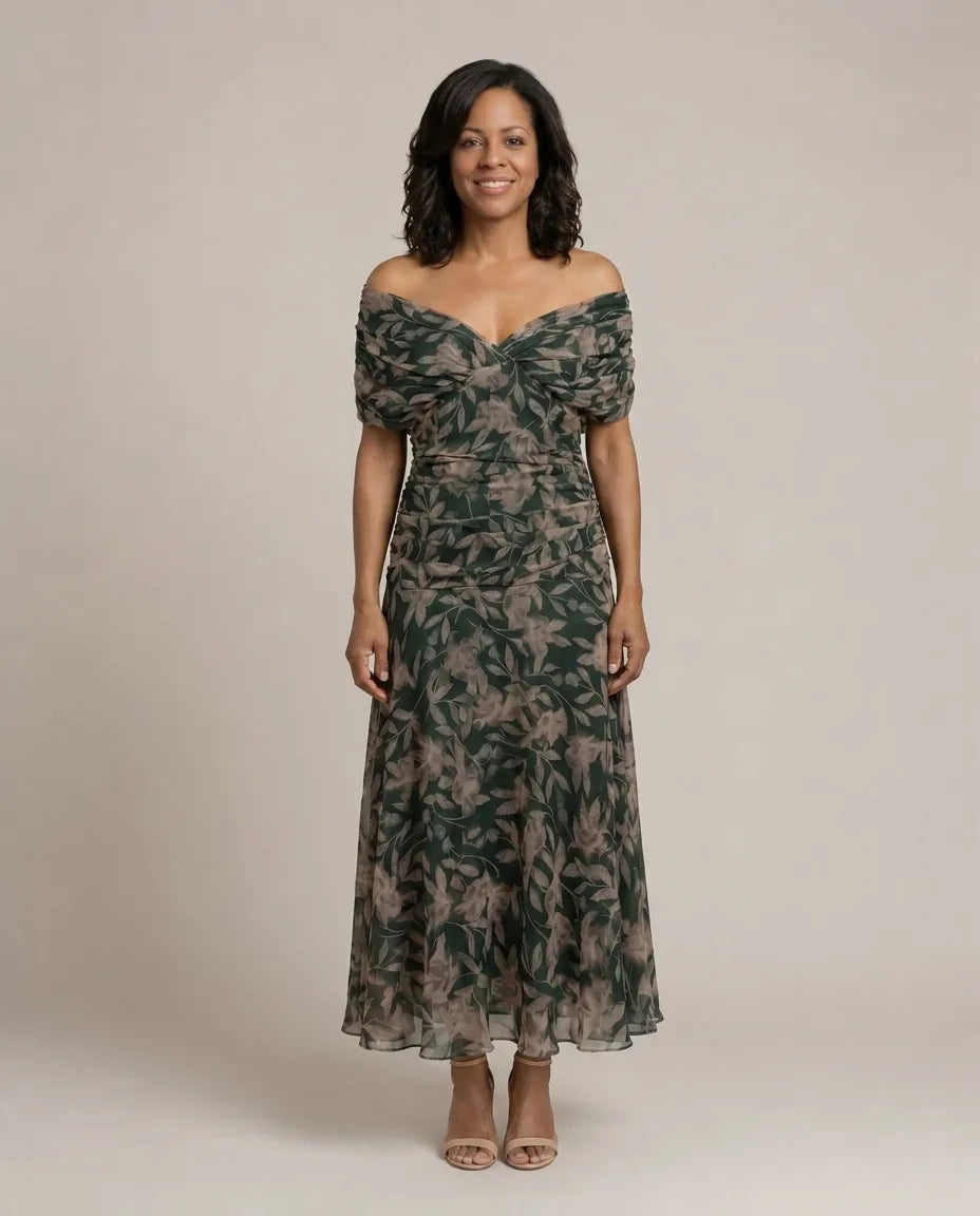 Calen | Off Shoulder Flow Midi Dresses — Dark Green
