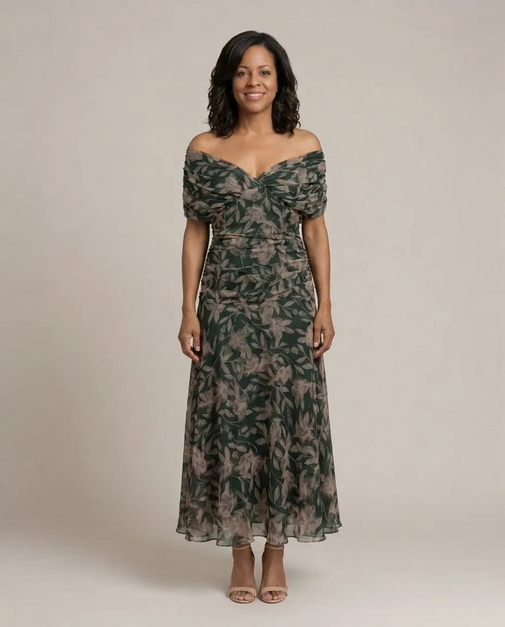 Calen | Off Shoulder Flow Midi Dresses — Dark Green