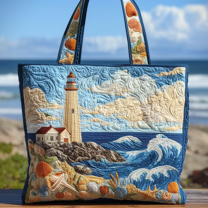 Lighthouse Coastal Scene | Quilted Tote Bag