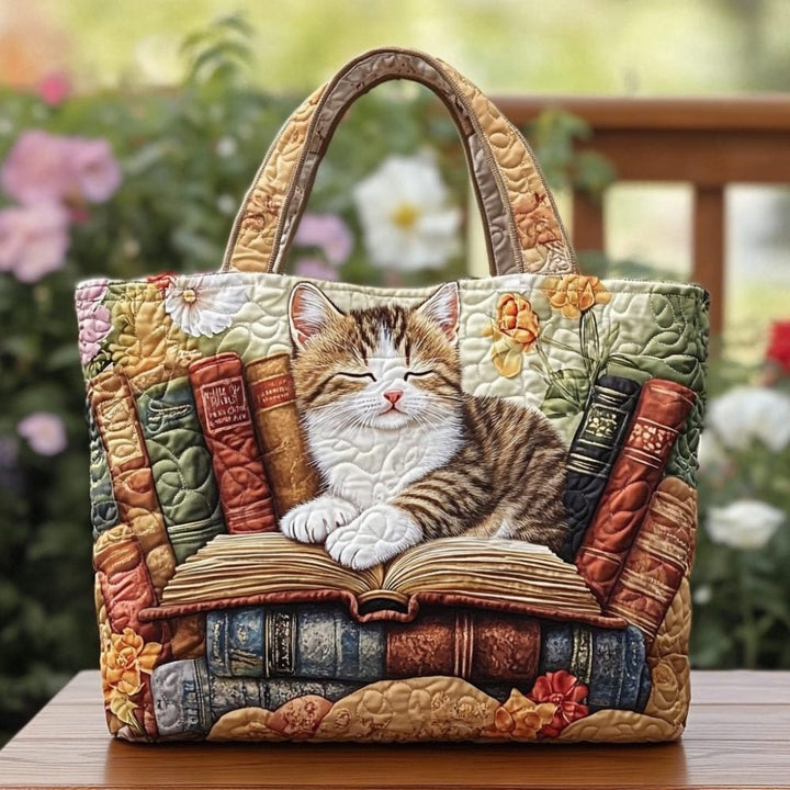 Cozy Cat Resting On Books | Quilted Tote Bag