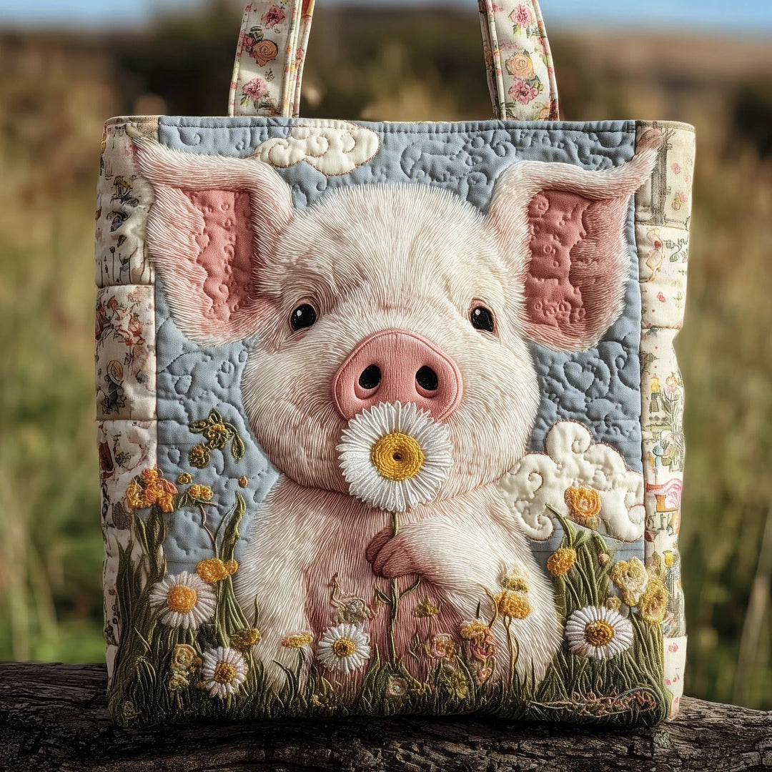Cute Pig Daisy Floral | Quilted Tote Bag