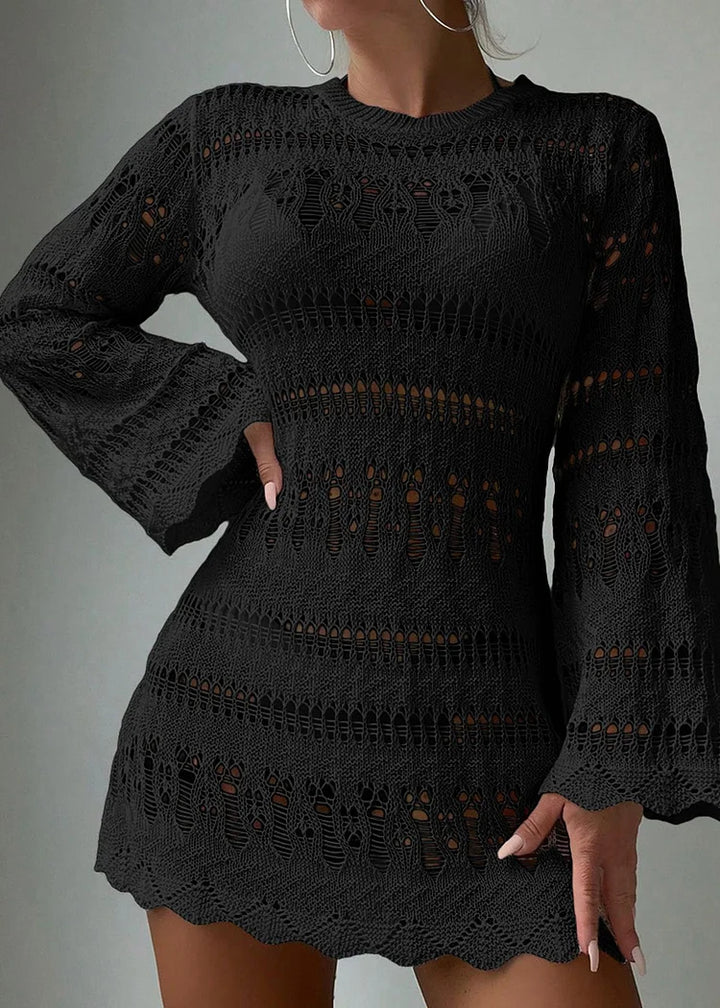 Boholita - White O-Neck Hollowed Out Cover Up Dress