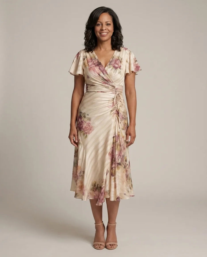Melanie | Flutter Sleeve Wrap Floral Stripe Print Midi Dress — Floral