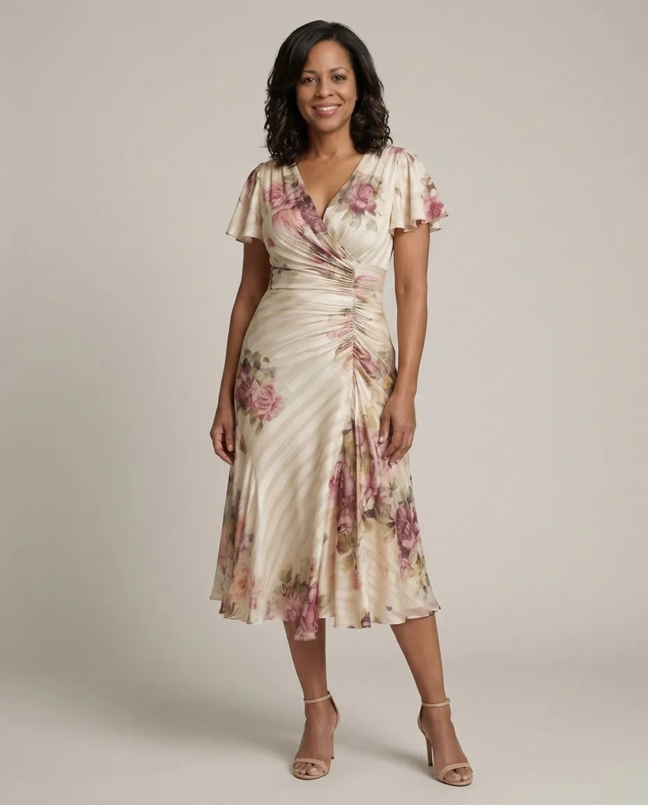 Melanie | Flutter Sleeve Wrap Floral Stripe Print Midi Dress — Floral