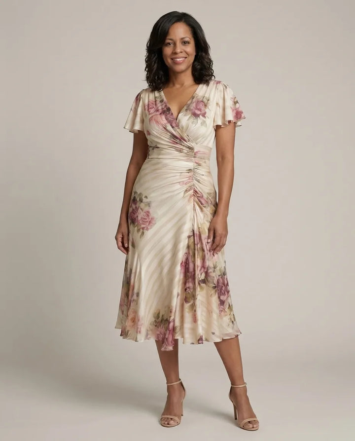 Melanie | Flutter Sleeve Wrap Floral Stripe Print Midi Dress — Floral