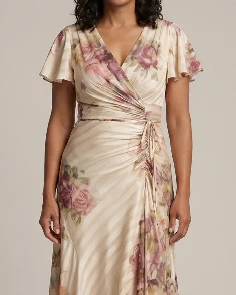 Melanie | Flutter Sleeve Wrap Floral Stripe Print Midi Dress — Floral