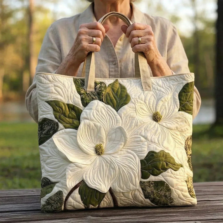 Artisanal Quilted Tote Bag | Elegant White Lilies