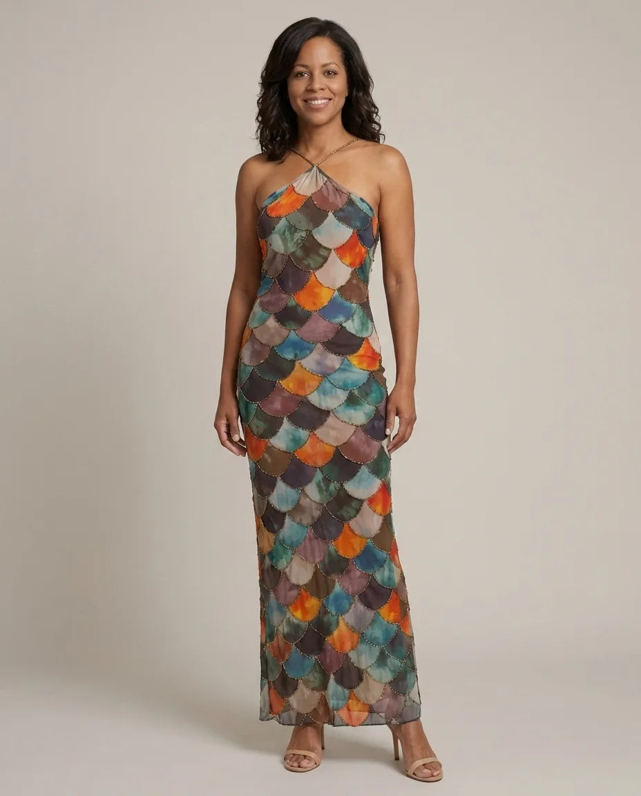 Ruby | Fitted Multicolor Scale Pattern Maxi Dress — Geometric