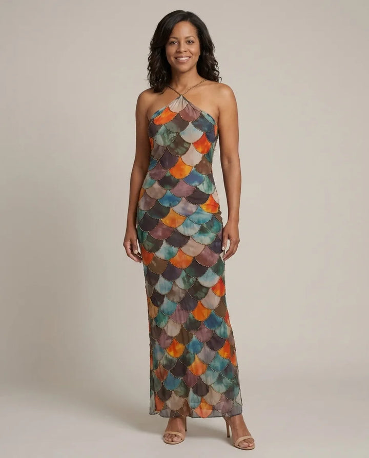 Ruby | Fitted Multicolor Scale Pattern Maxi Dress — Geometric