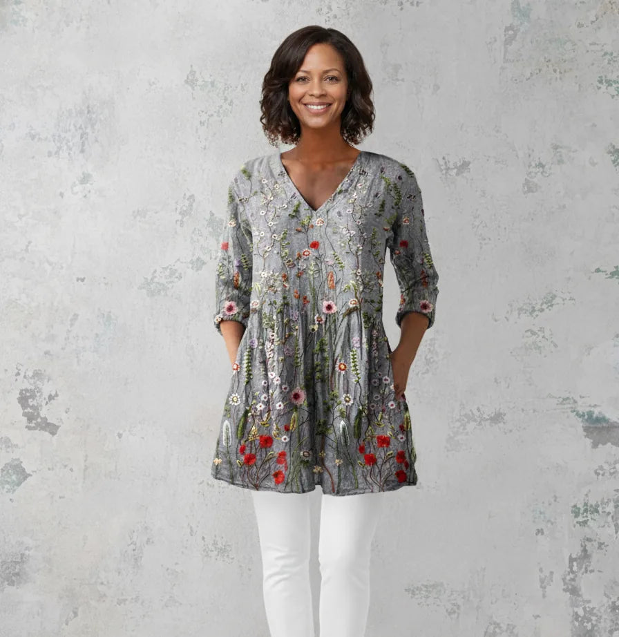 Amelie | Long Blouse with V-Neck — Gray