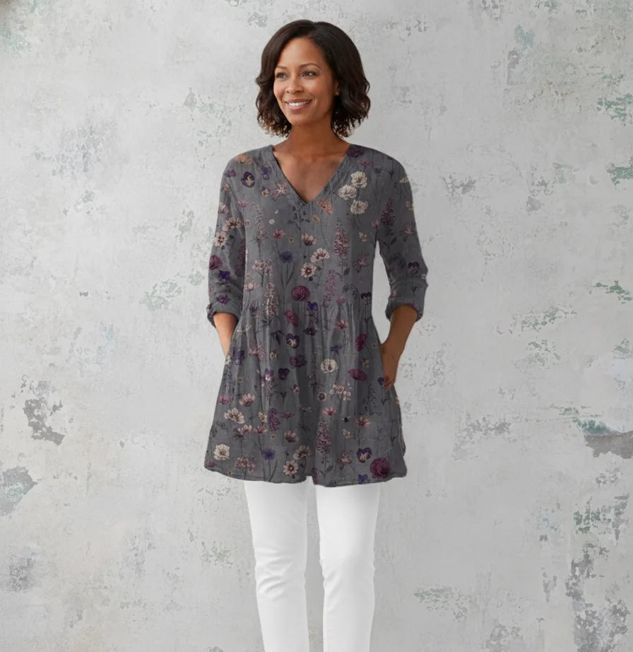 Audrey | Long Sleeve Blouse with V-Neck — Gray