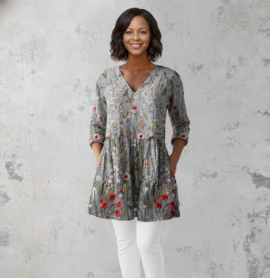 Amelie | Long Blouse with V-Neck — Gray