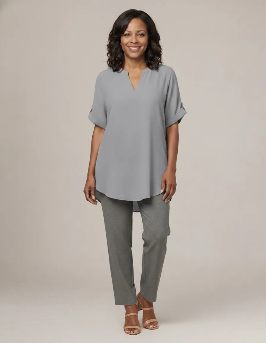 Atasia | Soft-Touch Notched-Neck Blouse — Gray