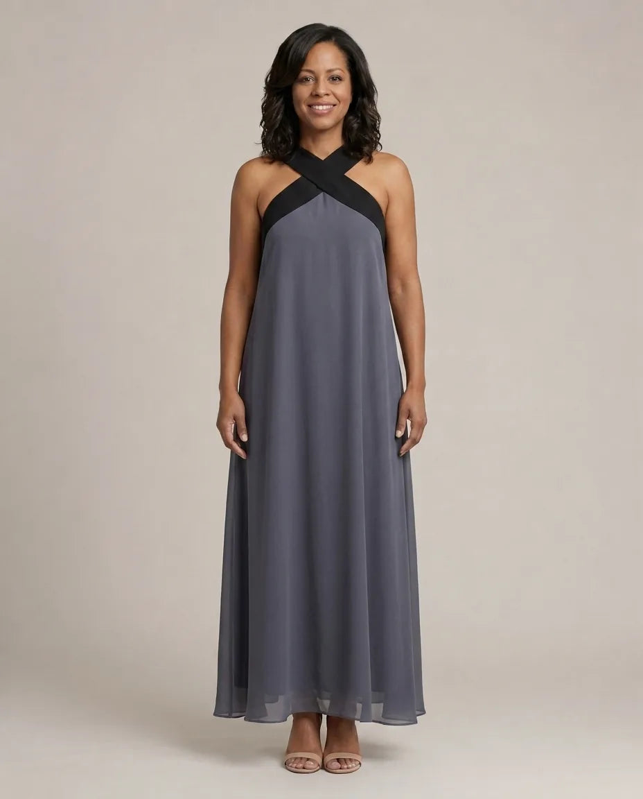 Velora | Cross Elegance Maxi Dress — Gray
