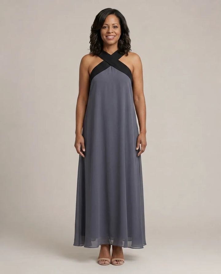 Velora | Cross Elegance Maxi Dress — Gray