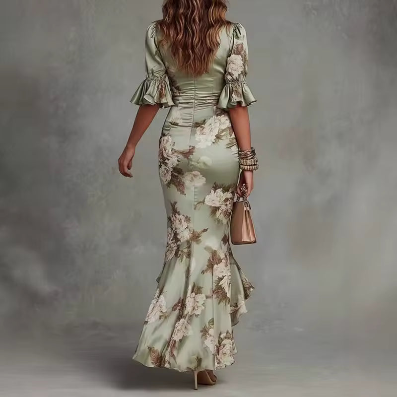 Olivia | Asymmetrical Floral Satin Long Dress