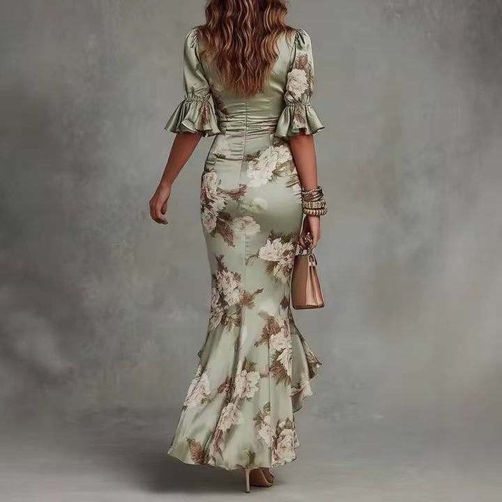 Olivia | Asymmetrical Floral Satin Long Dress
