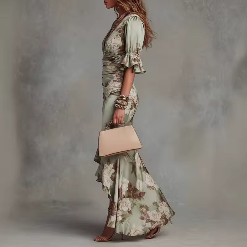 Olivia | Asymmetrical Floral Satin Long Dress