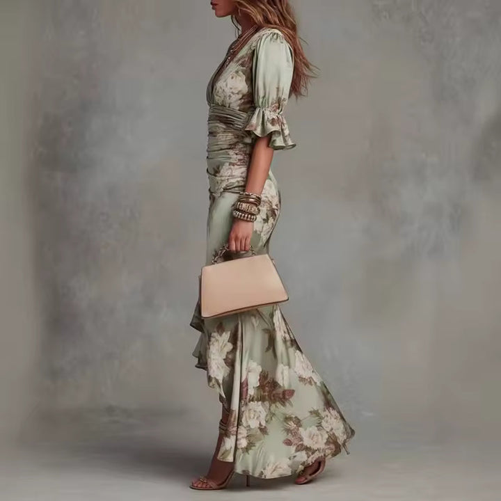 Olivia | Asymmetrical Floral Satin Long Dress