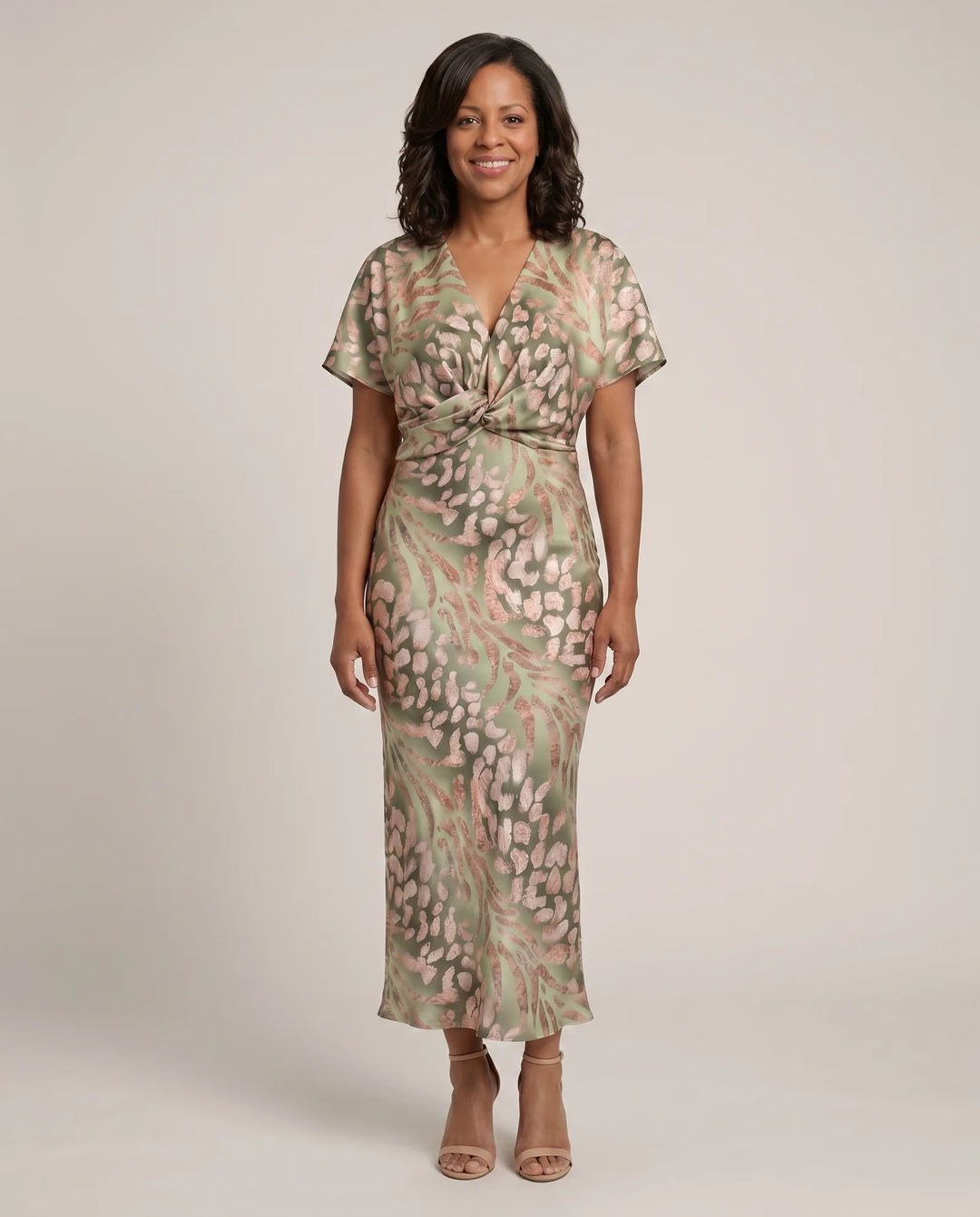 Emily | Abstract Print V-Neck Twist-Waist Midi Dress — Green