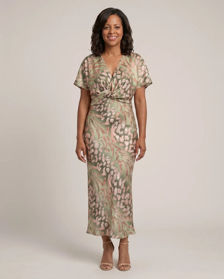Emily | Abstract Print V-Neck Twist-Waist Midi Dress — Green